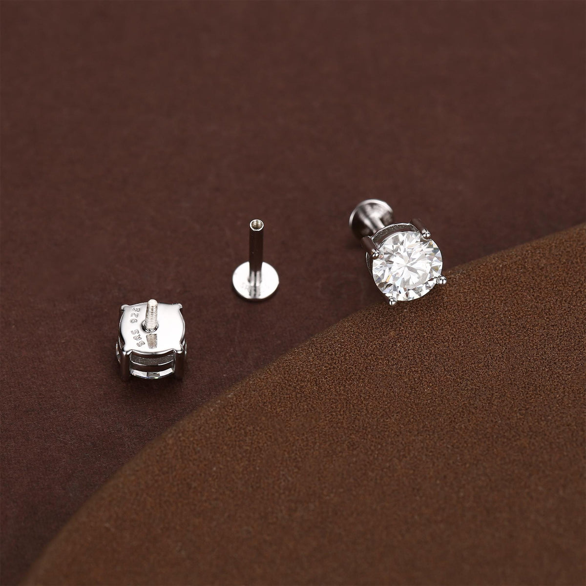 Sterling Silver Brilliant Cut Moissanite 16G Flat Back Labret Earrings