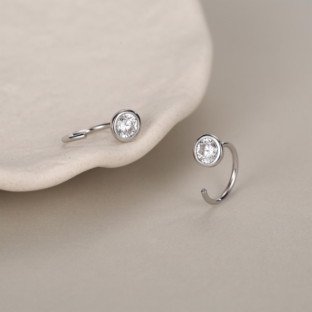 Sterling Silver CZ Bezel Open Hoop Huggie Earrings