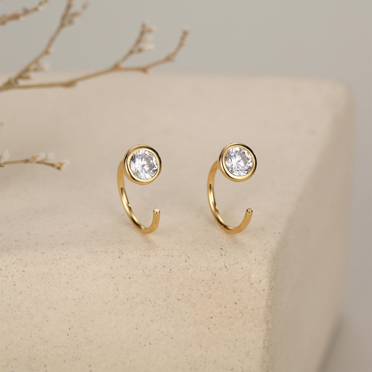 Sterling Silver CZ Bezel Open Hoop Huggie Earrings