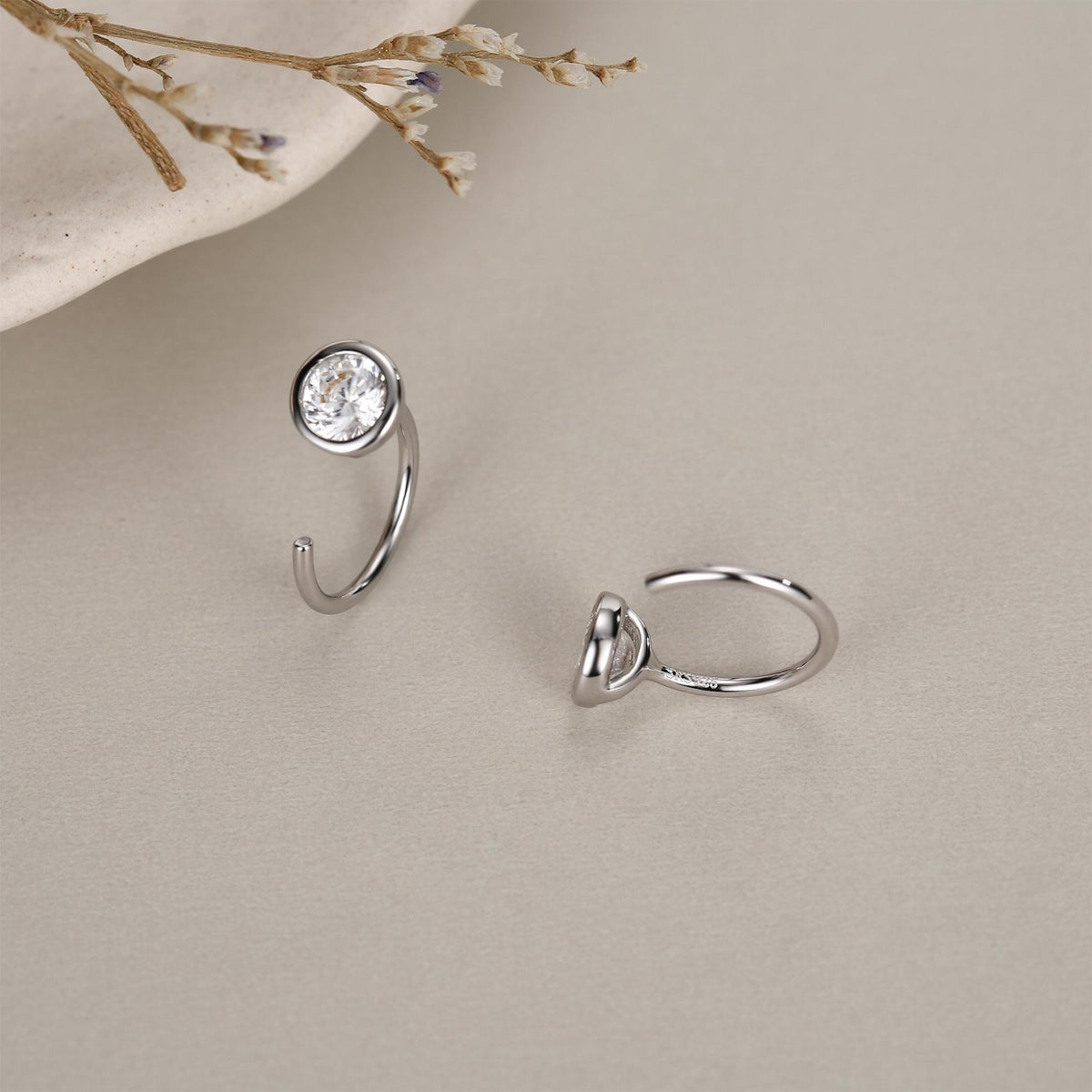 Sterling Silver CZ Bezel Open Hoop Huggie Earrings