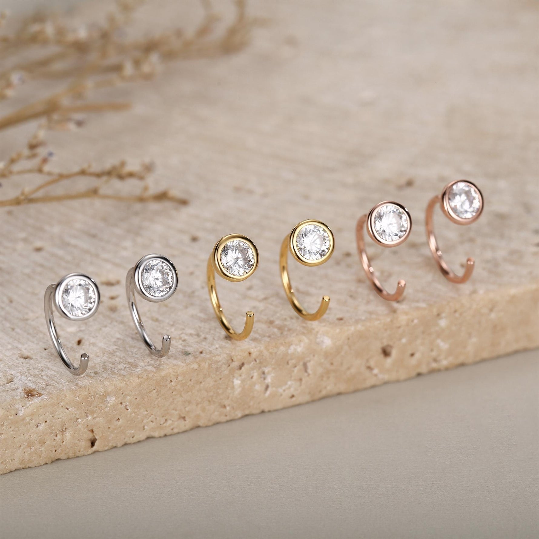 Sterling Silver CZ Bezel Open Hoop Huggie Earrings