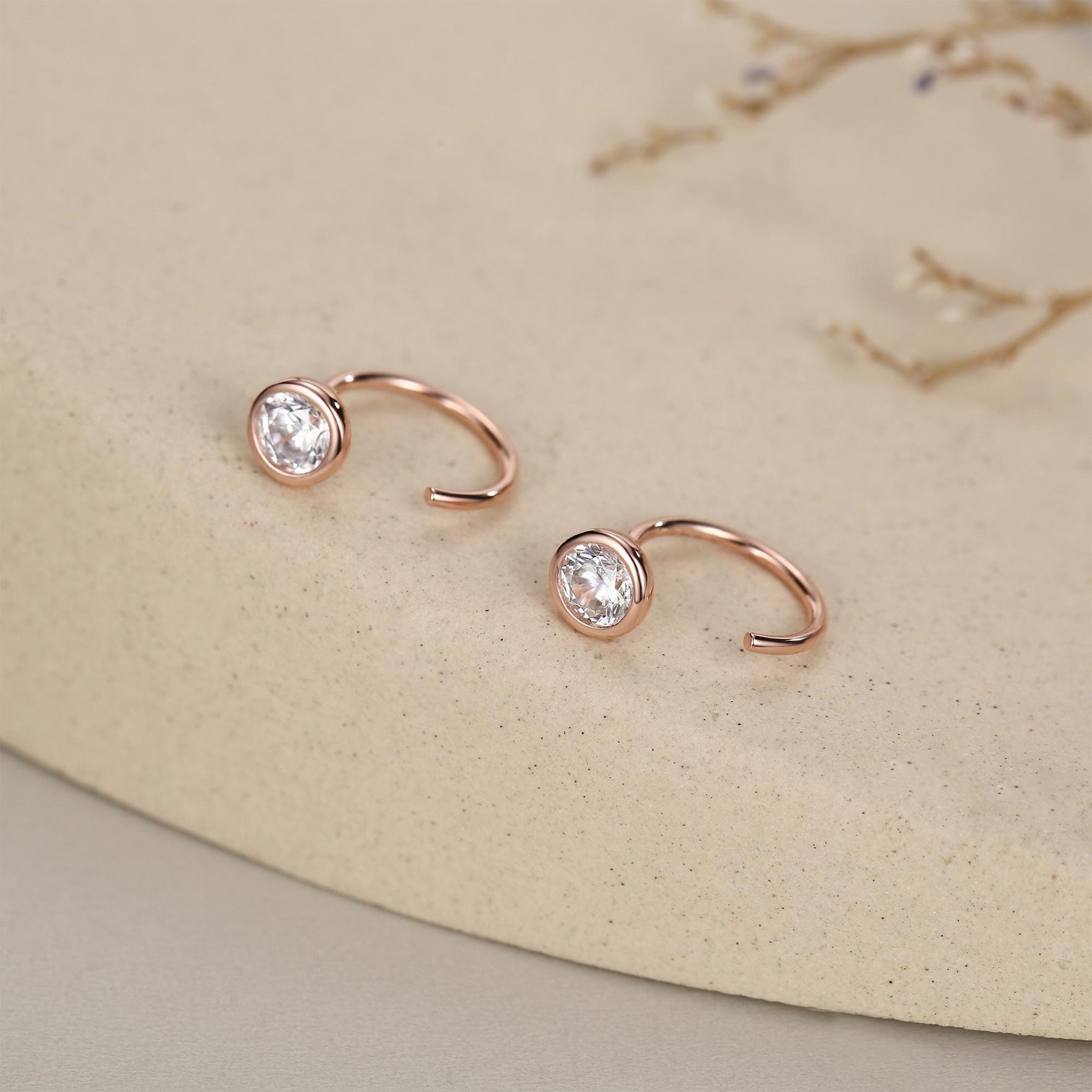 Sterling Silver CZ Bezel Open Hoop Huggie Earrings