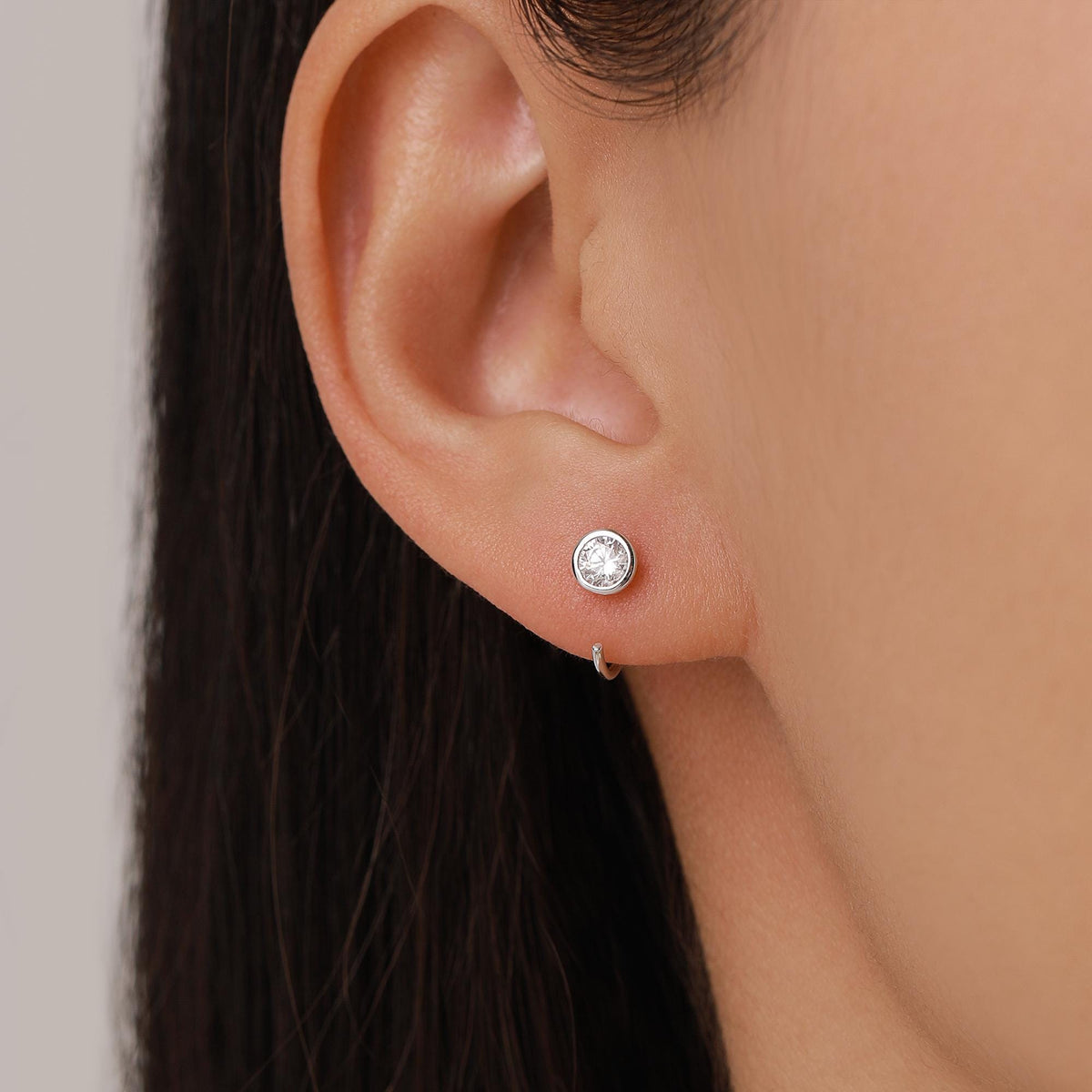 Sterling Silver CZ Bezel Open Hoop Huggie Earrings