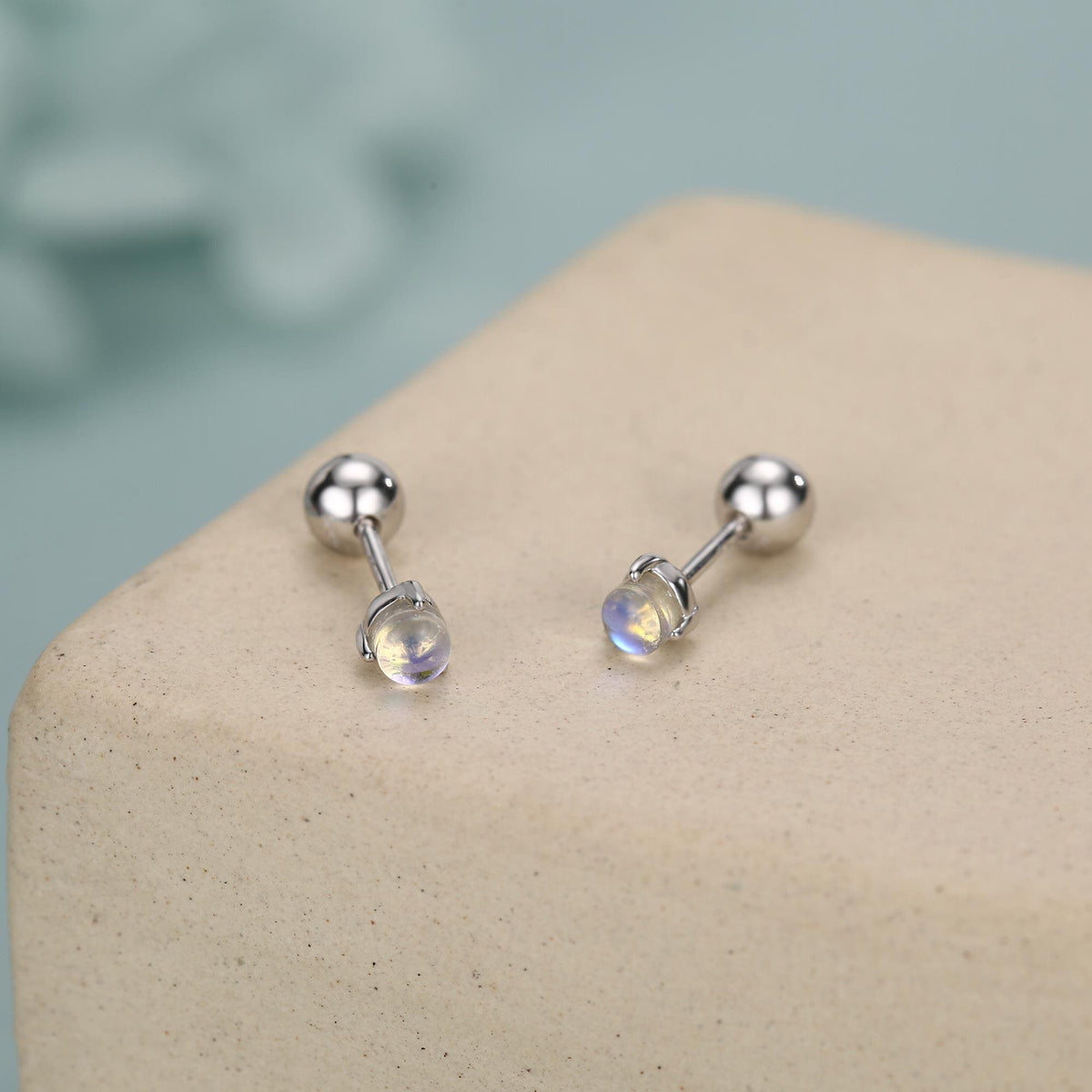 Sterling Silver Moonstone 18G Screw Back Stud Earrings