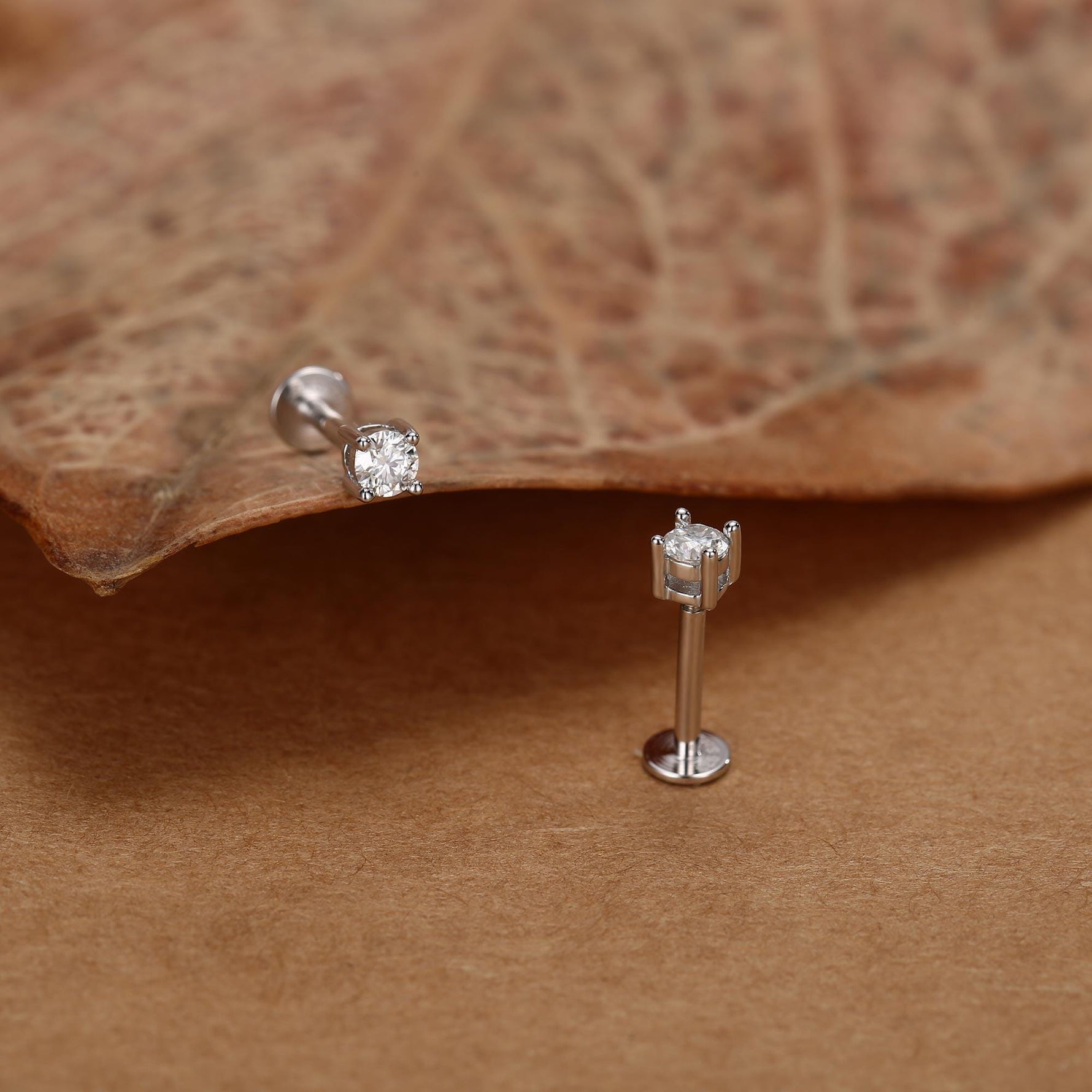 Brilliant Cut 3mm Moissanite 16G Flat Back Labret Earrings in Sterling Silver