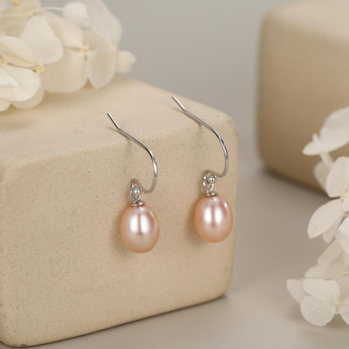 Sterling Silver Pink Pearl Earrings, Natural Freshwater Pearl Drop Hook Earrings in Sterling Silver, Oval Pearl Earrings