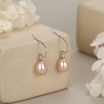 Sterling Silver Pink Pearl Earrings, Natural Freshwater Pearl Drop Hook Earrings in Sterling Silver, Oval Pearl Earrings
