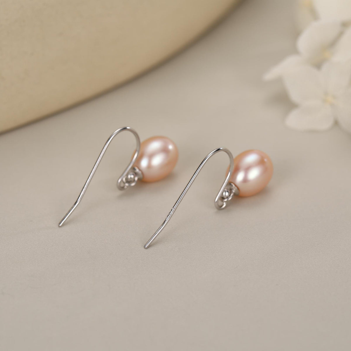Sterling Silver Pink Pearl Earrings, Natural Freshwater Pearl Drop Hook Earrings in Sterling Silver, Oval Pearl Earrings