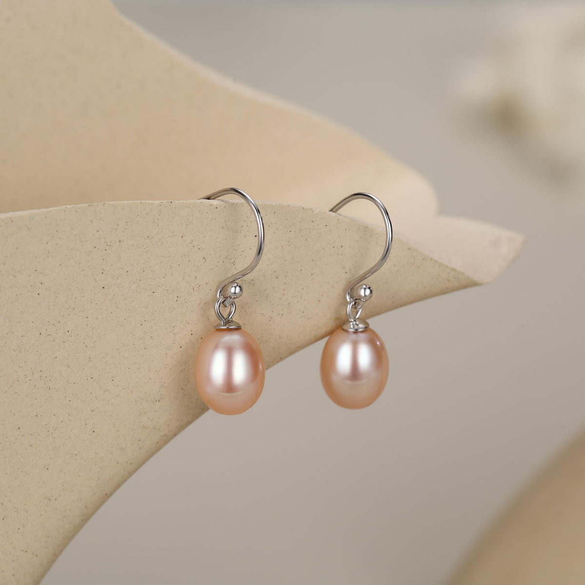 Sterling Silver Pink Pearl Earrings, Natural Freshwater Pearl Drop Hook Earrings in Sterling Silver, Oval Pearl Earrings