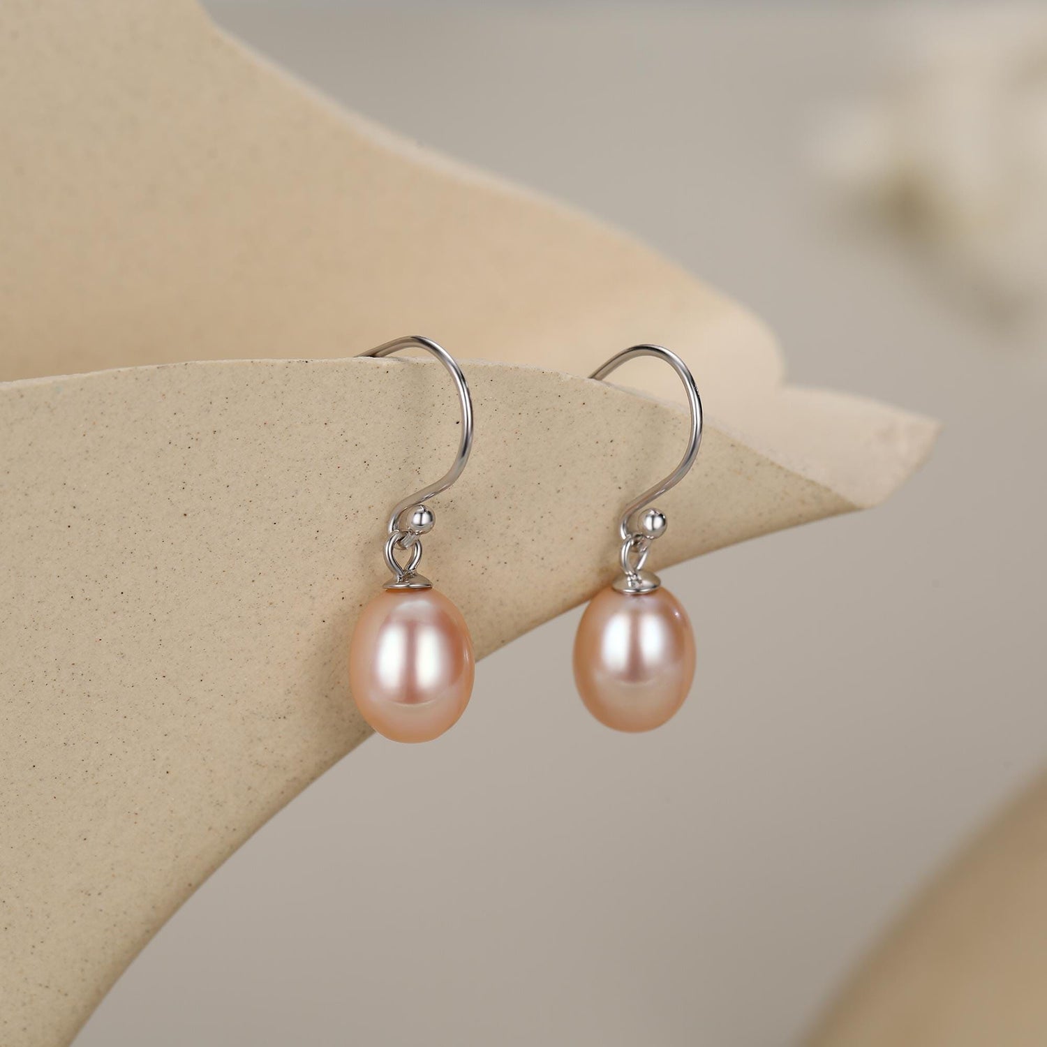 Sterling Silver Pink Pearl Earrings, Natural Freshwater Pearl Drop Hook Earrings in Sterling Silver, Oval Pearl Earrings