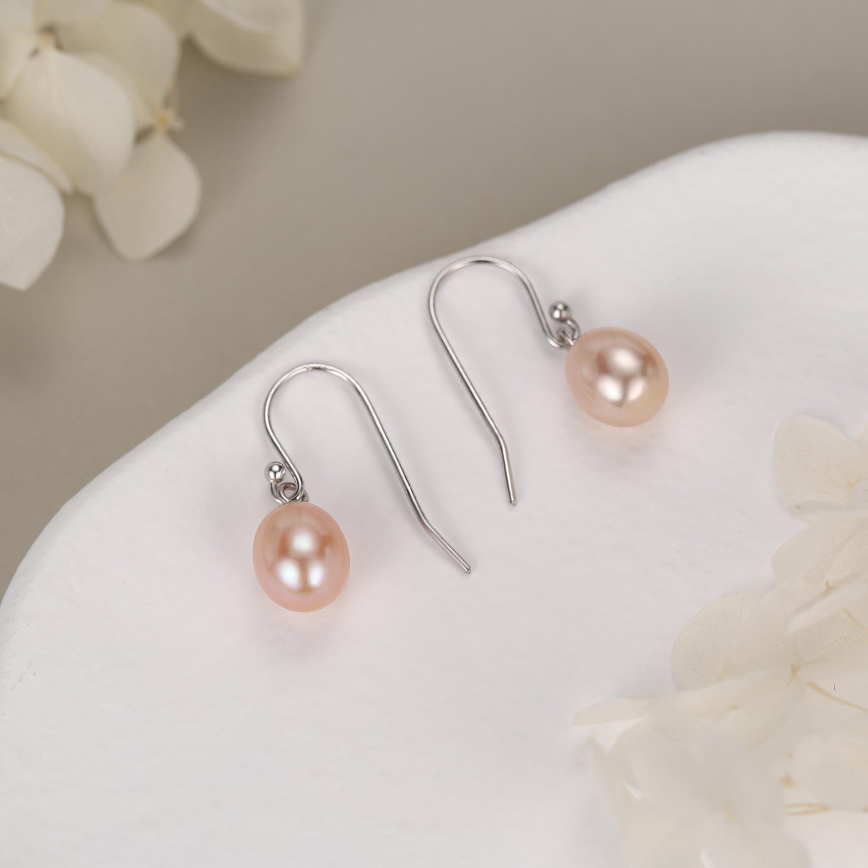 Sterling Silver Pink Pearl Earrings, Natural Freshwater Pearl Drop Hook Earrings in Sterling Silver, Oval Pearl Earrings