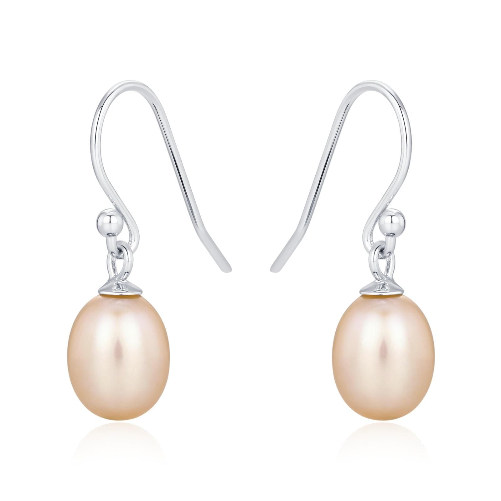 Sterling Silver Pink Pearl Earrings, Natural Freshwater Pearl Drop Hook Earrings in Sterling Silver, Oval Pearl Earrings