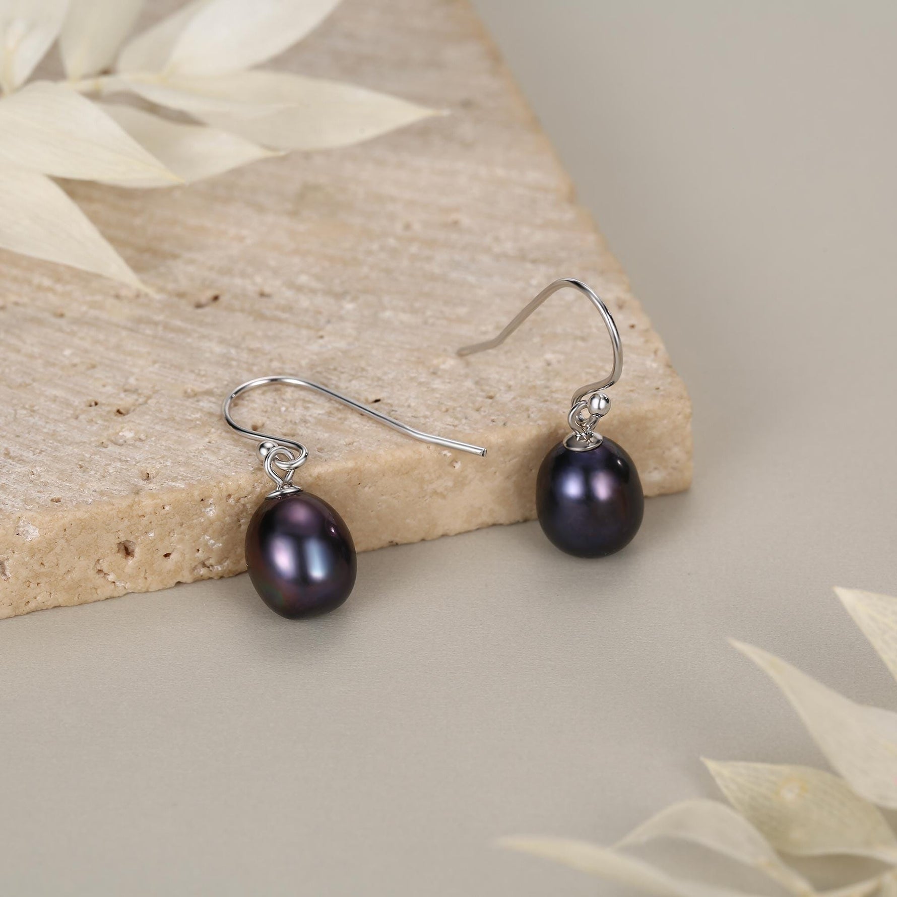 Sterling Silver Black Pearl Earrings, Natural Freshwater Pearl Drop Hook Earrings in Sterling Silver, Oval Pearl Earrings