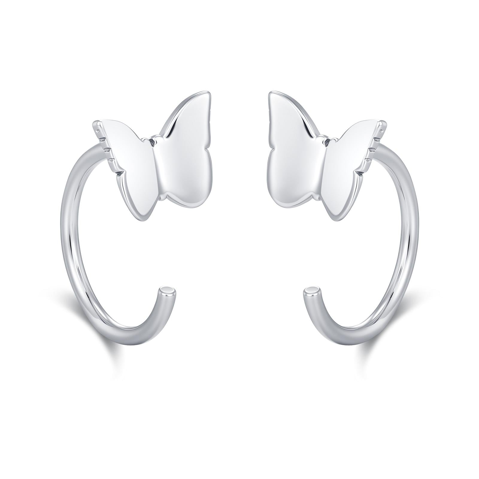 Sterling Silver Butterfly Huggie Hoops, Butterfly Open Hoop Earrings, Dainty Butterfly C Shape Open Threader Earrings, Butterfly Earrings