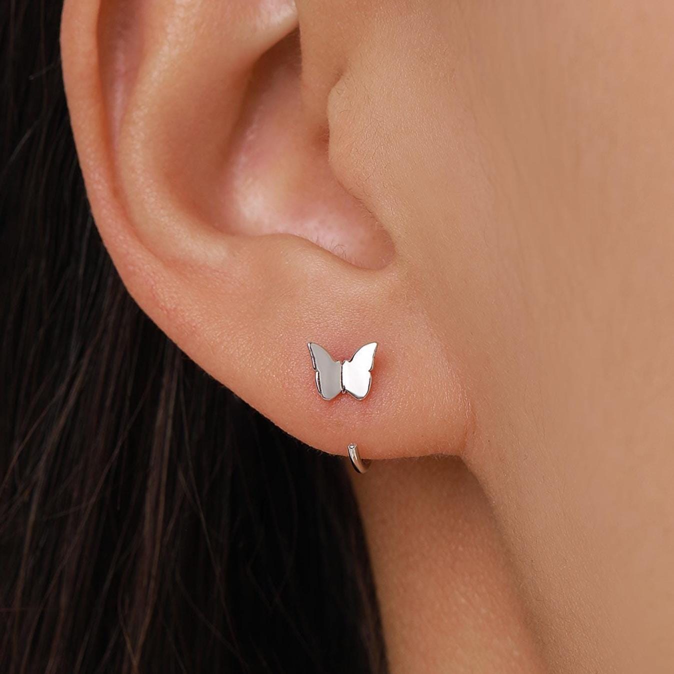 Sterling Silver Butterfly Huggie Hoops, Butterfly Open Hoop Earrings, Dainty Butterfly C Shape Open Threader Earrings, Butterfly Earrings