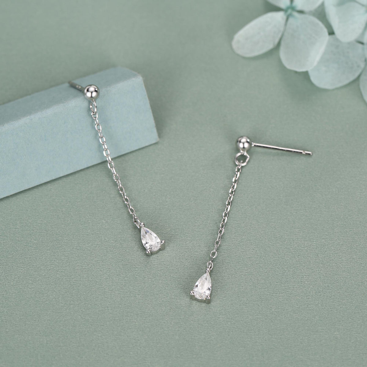 Droplet CZ with Chain Dangle Stud Earrings in Sterling Silver, Silver or Gold, Clear CZ Pear Drop Earrings