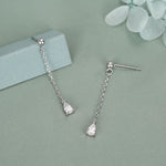 Droplet CZ with Chain Dangle Stud Earrings in Sterling Silver, Silver or Gold, Clear CZ Pear Drop Earrings