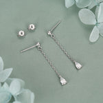 Droplet CZ with Chain Dangle Stud Earrings in Sterling Silver, Silver or Gold, Clear CZ Pear Drop Earrings