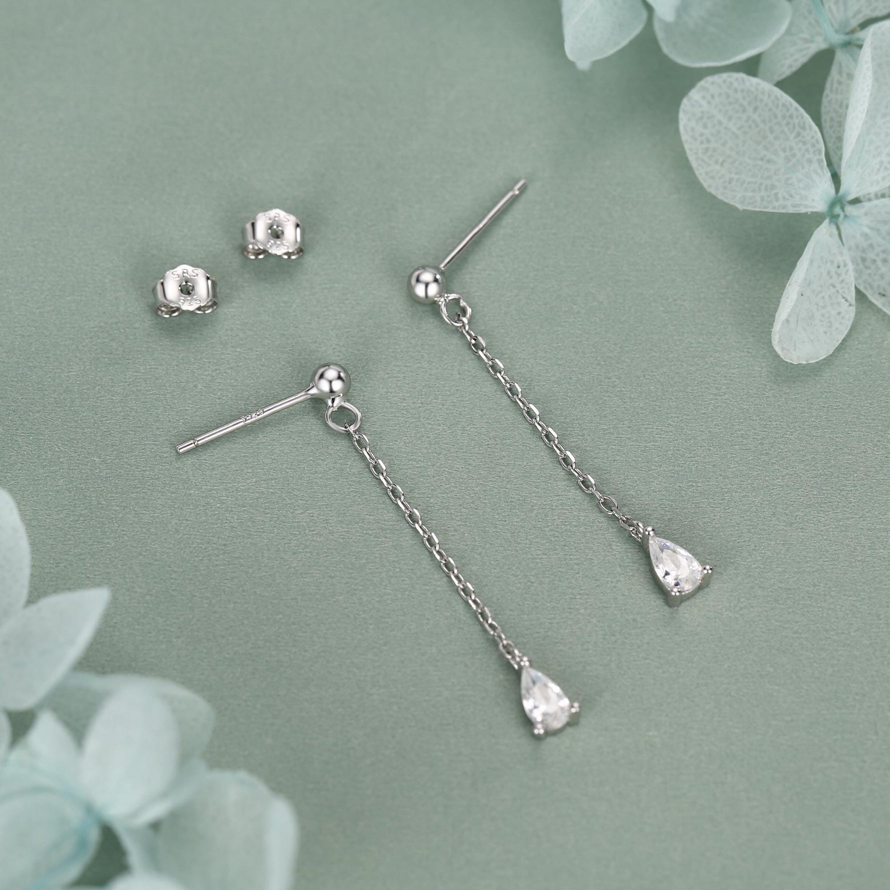 Droplet CZ with Chain Dangle Stud Earrings in Sterling Silver, Silver or Gold, Clear CZ Pear Drop Earrings