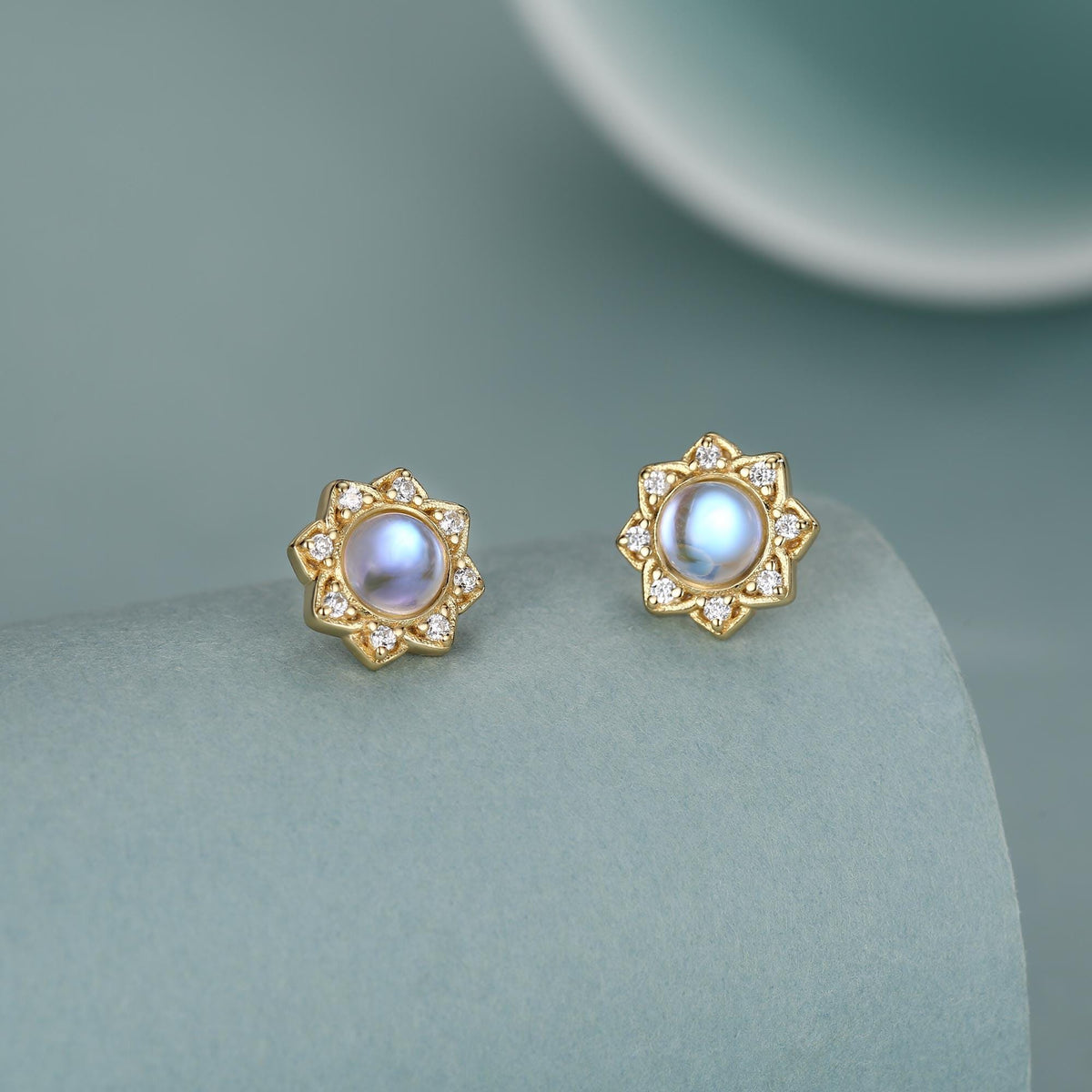 Vintage Inspired Moonstone Flower CZ Stud Earrings, Lab Moonstone Halo CZ Earrings, Simulated Moonstone Earrings