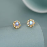 Vintage Inspired Moonstone Flower CZ Stud Earrings, Lab Moonstone Halo CZ Earrings, Simulated Moonstone Earrings