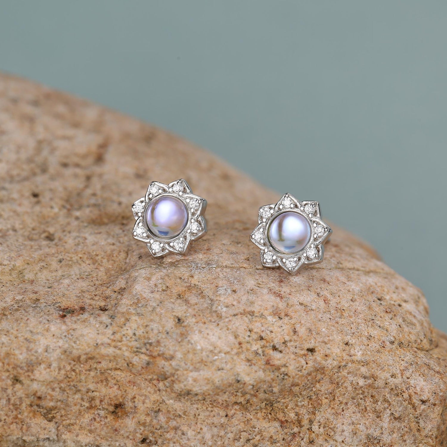 Vintage Inspired Moonstone Flower CZ Stud Earrings, Lab Moonstone Halo CZ Earrings, Simulated Moonstone Earrings