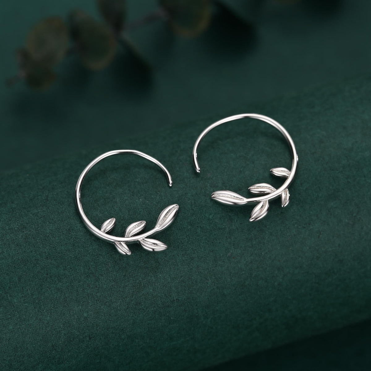Sterling Silver Dainty Leaf Open Hoops, Delicate Olive Leaf Threader Hoops, Olive Branch Thread Through Hoops, Large Leaf Hoops