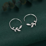 Sterling Silver Dainty Leaf Open Hoops, Delicate Olive Leaf Threader Hoops, Olive Branch Thread Through Hoops, Large Leaf Hoops