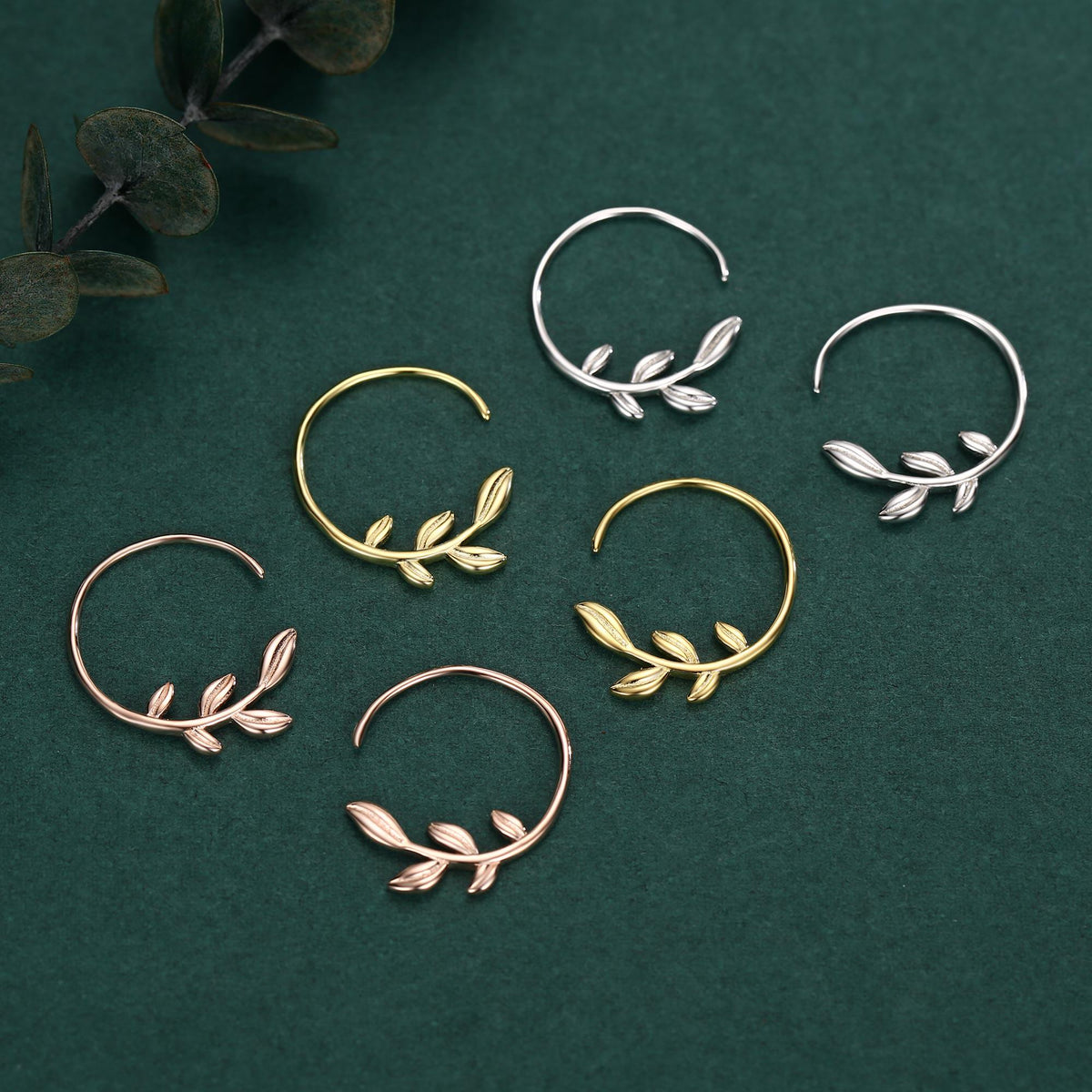 Sterling Silver Dainty Leaf Open Hoops, Delicate Olive Leaf Threader Hoops, Olive Branch Thread Through Hoops, Large Leaf Hoops