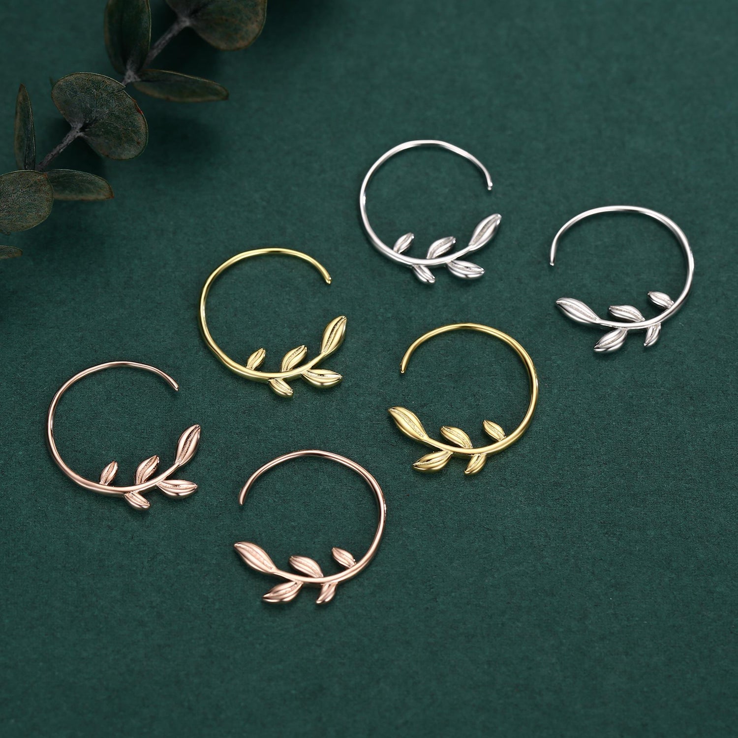 Sterling Silver Dainty Leaf Open Hoops, Delicate Olive Leaf Threader Hoops, Olive Branch Thread Through Hoops, Large Leaf Hoops