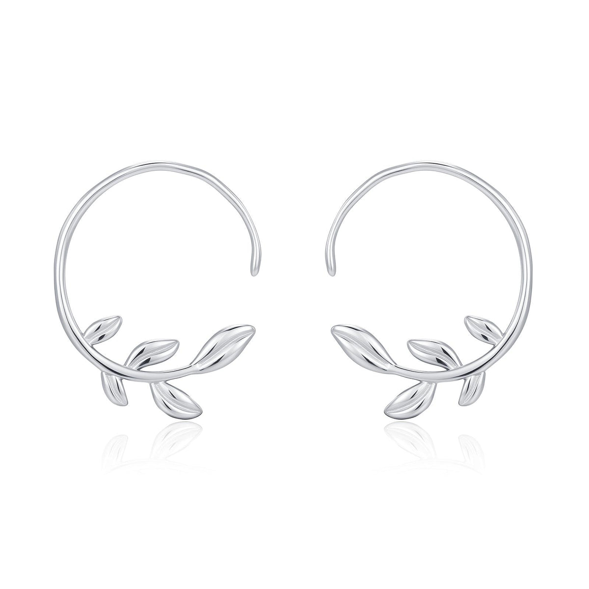 Sterling Silver Dainty Leaf Open Hoops, Delicate Olive Leaf Threader Hoops, Olive Branch Thread Through Hoops, Large Leaf Hoops