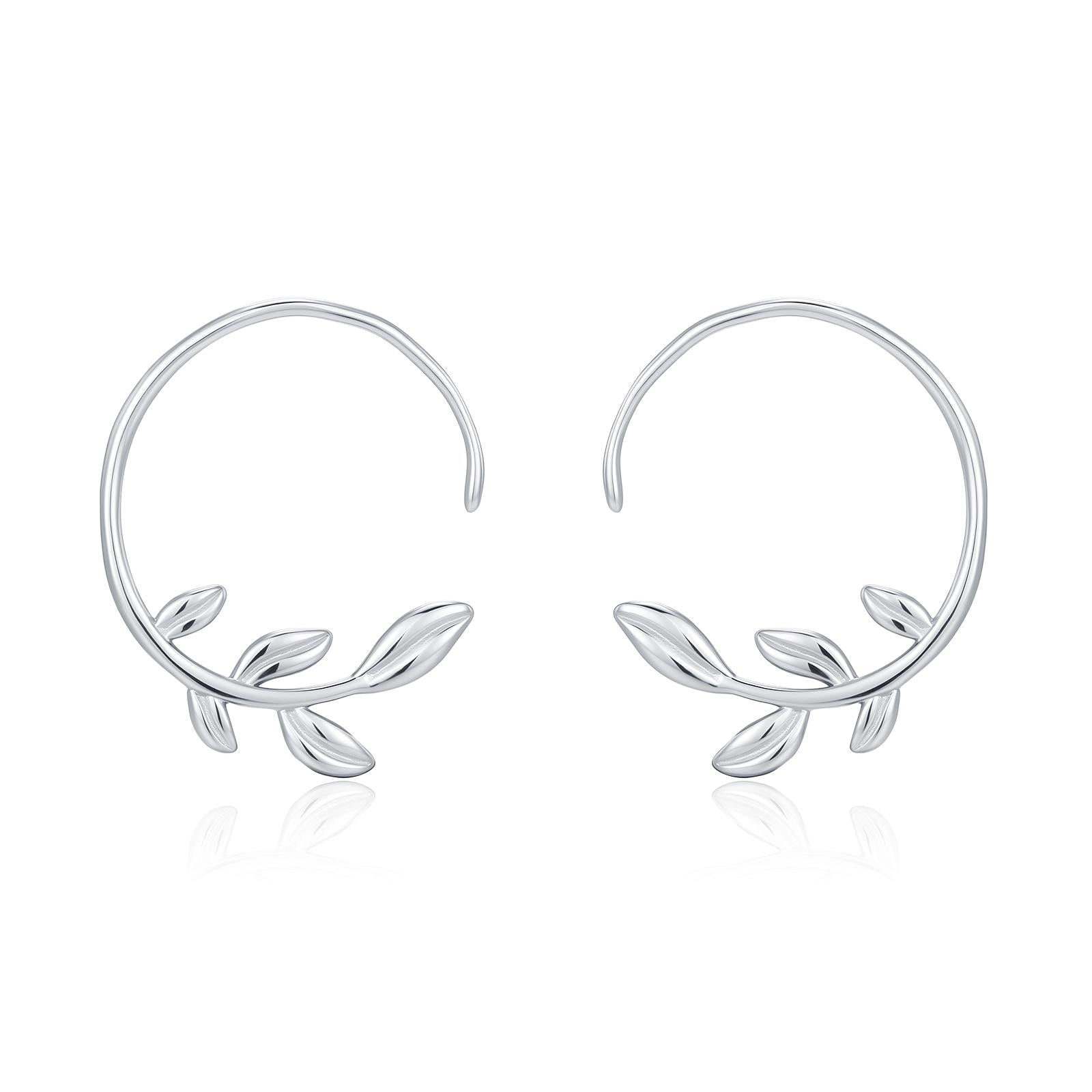 Sterling Silver Dainty Leaf Open Hoops, Delicate Olive Leaf Threader Hoops, Olive Branch Thread Through Hoops, Large Leaf Hoops