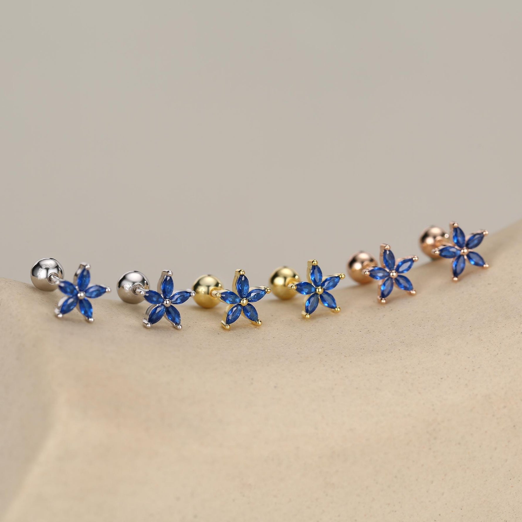 Sterling Silver Blue Forget-me-not CZ Flower Barbell Earrings, Gold or Silver, Marquise CZ Screw Back Earrings, Stacking Earrings