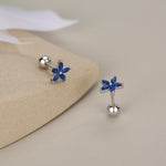 Sterling Silver Blue Forget-me-not CZ Flower Barbell Earrings, Gold or Silver, Marquise CZ Screw Back Earrings, Stacking Earrings