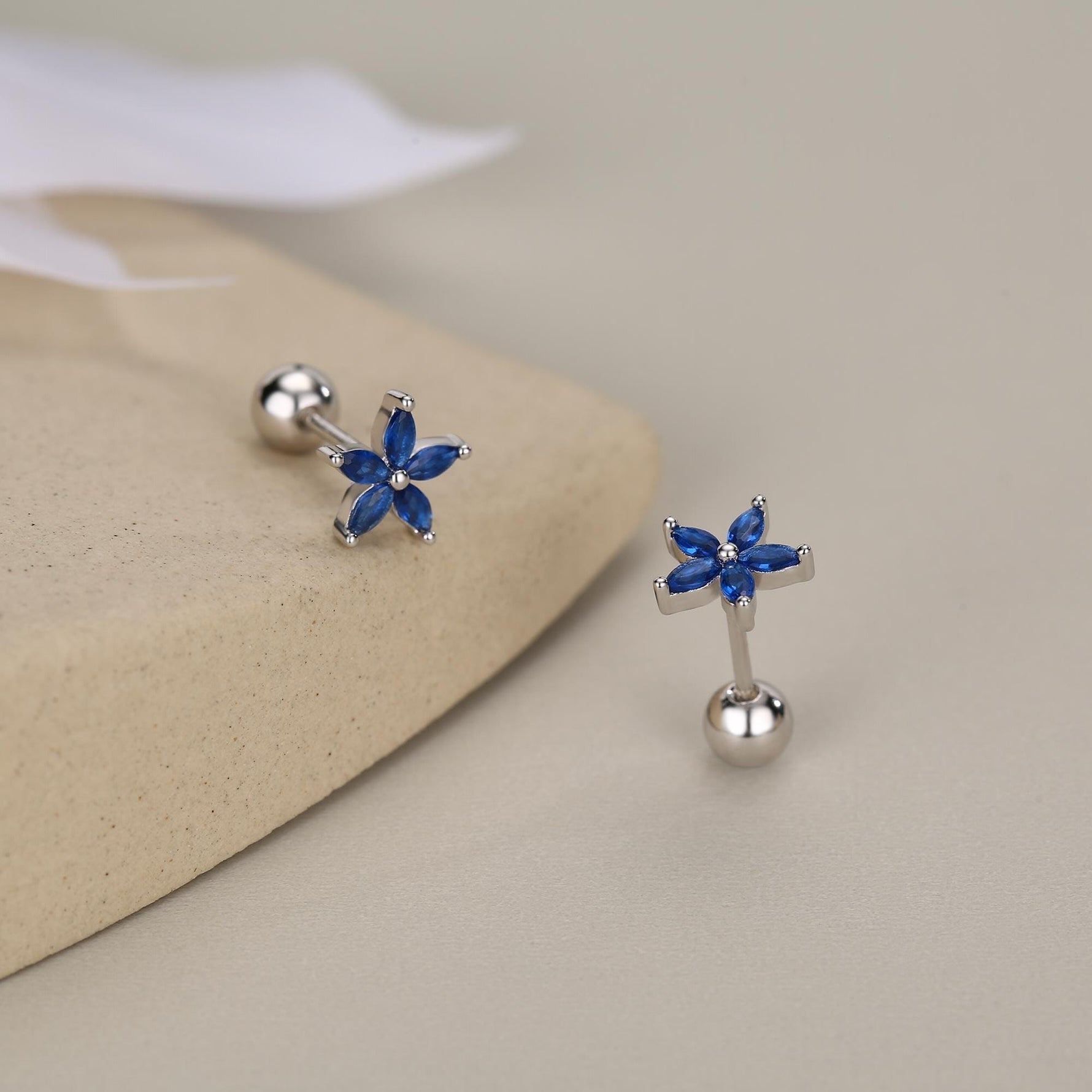 Sterling Silver Blue Forget-me-not CZ Flower Barbell Earrings, Gold or Silver, Marquise CZ Screw Back Earrings, Stacking Earrings