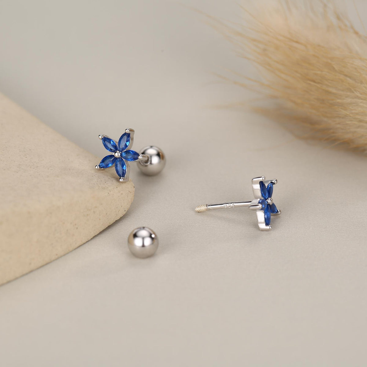 Sterling Silver Blue Forget-me-not CZ Flower Barbell Earrings, Gold or Silver, Marquise CZ Screw Back Earrings, Stacking Earrings