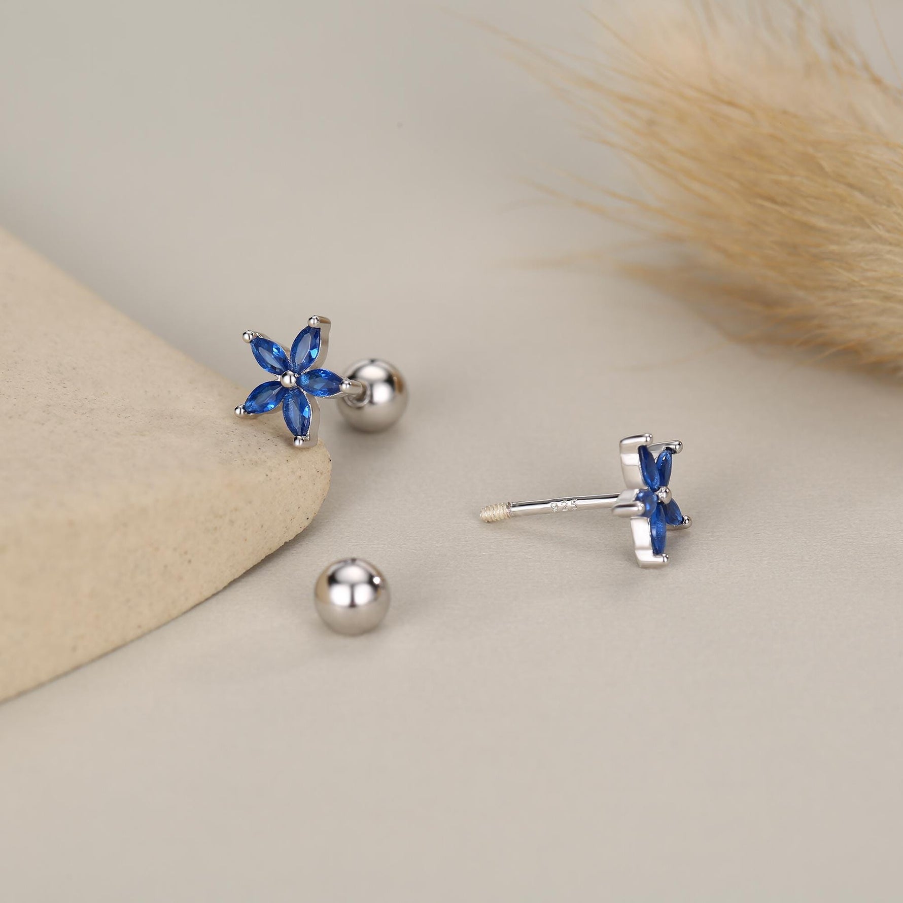 Sterling Silver Blue Forget-me-not CZ Flower Barbell Earrings, Gold or Silver, Marquise CZ Screw Back Earrings, Stacking Earrings