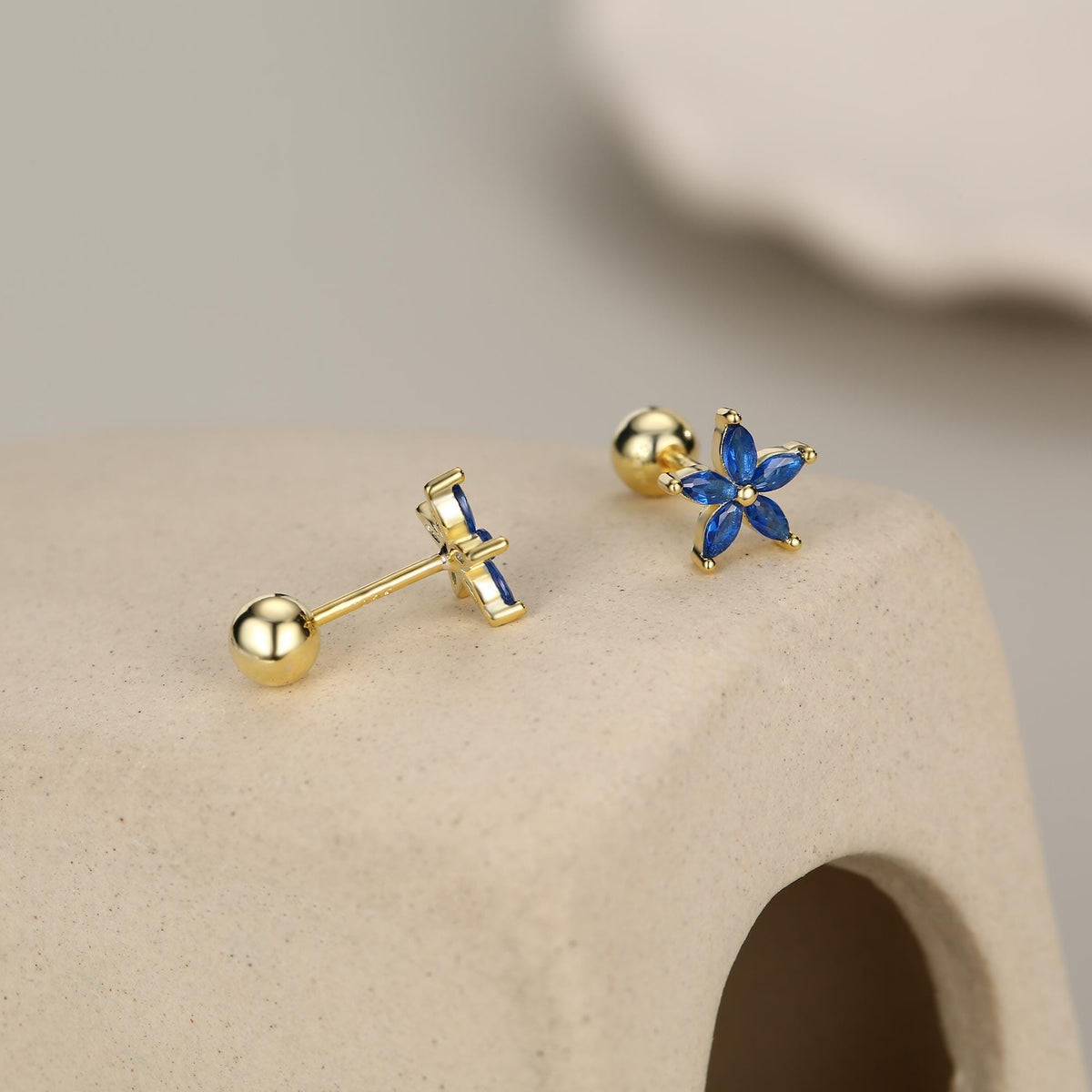 Sterling Silver Blue Forget-me-not CZ Flower Barbell Earrings, Gold or Silver, Marquise CZ Screw Back Earrings, Stacking Earrings