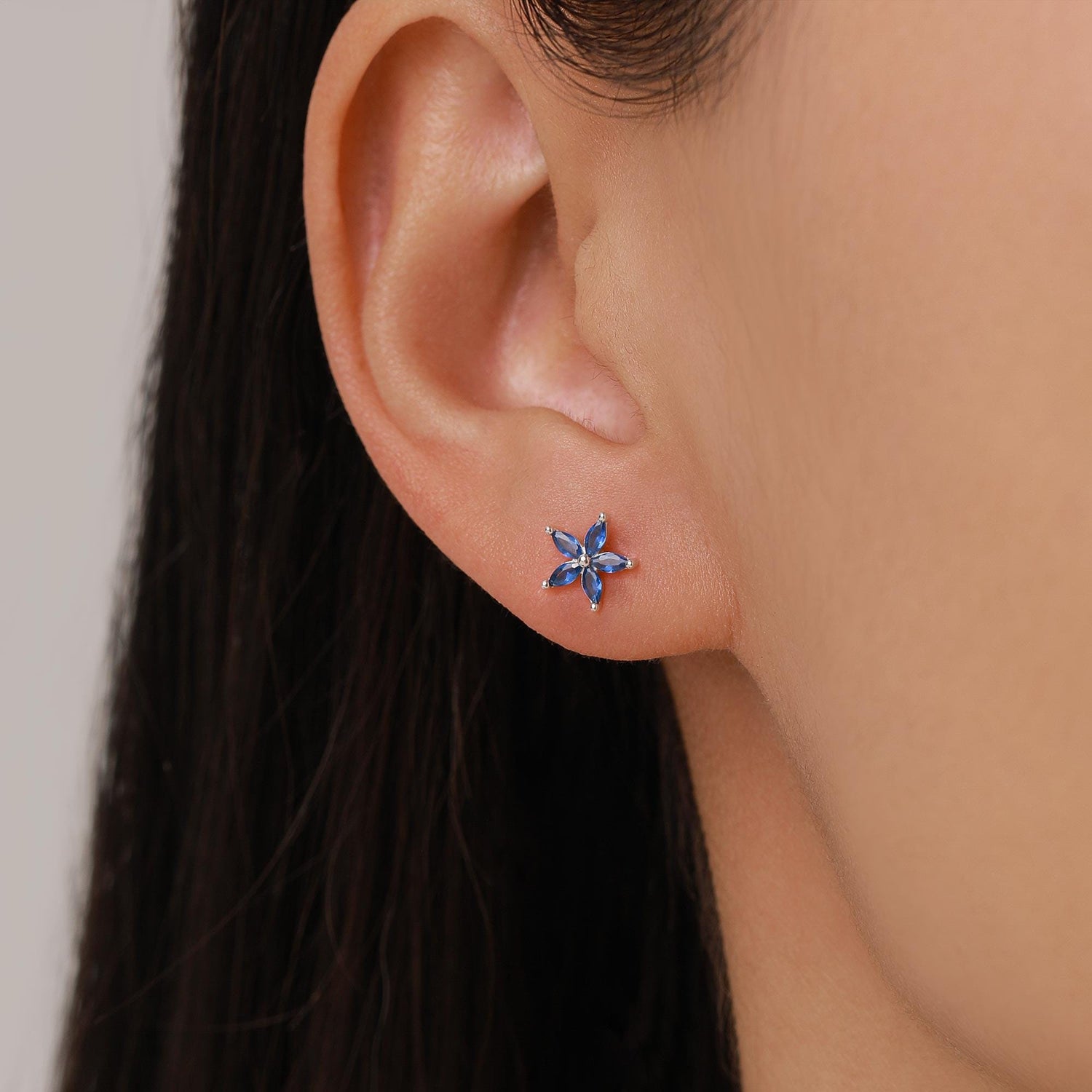 Sterling Silver Blue Forget-me-not CZ Flower Barbell Earrings, Gold or Silver, Marquise CZ Screw Back Earrings, Stacking Earrings