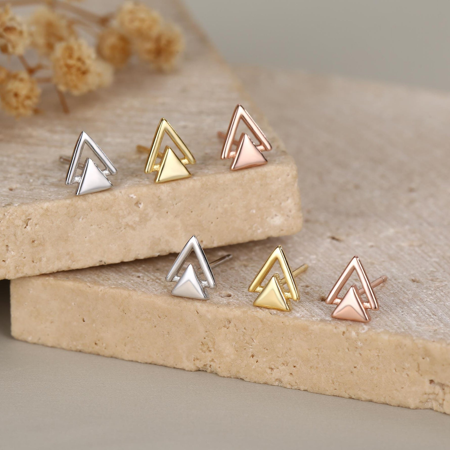 Sterling Silver Double Triangle Stud Earrings, Silver, Gold or Rose Gold, Small Earrings, Stacking Earrings,