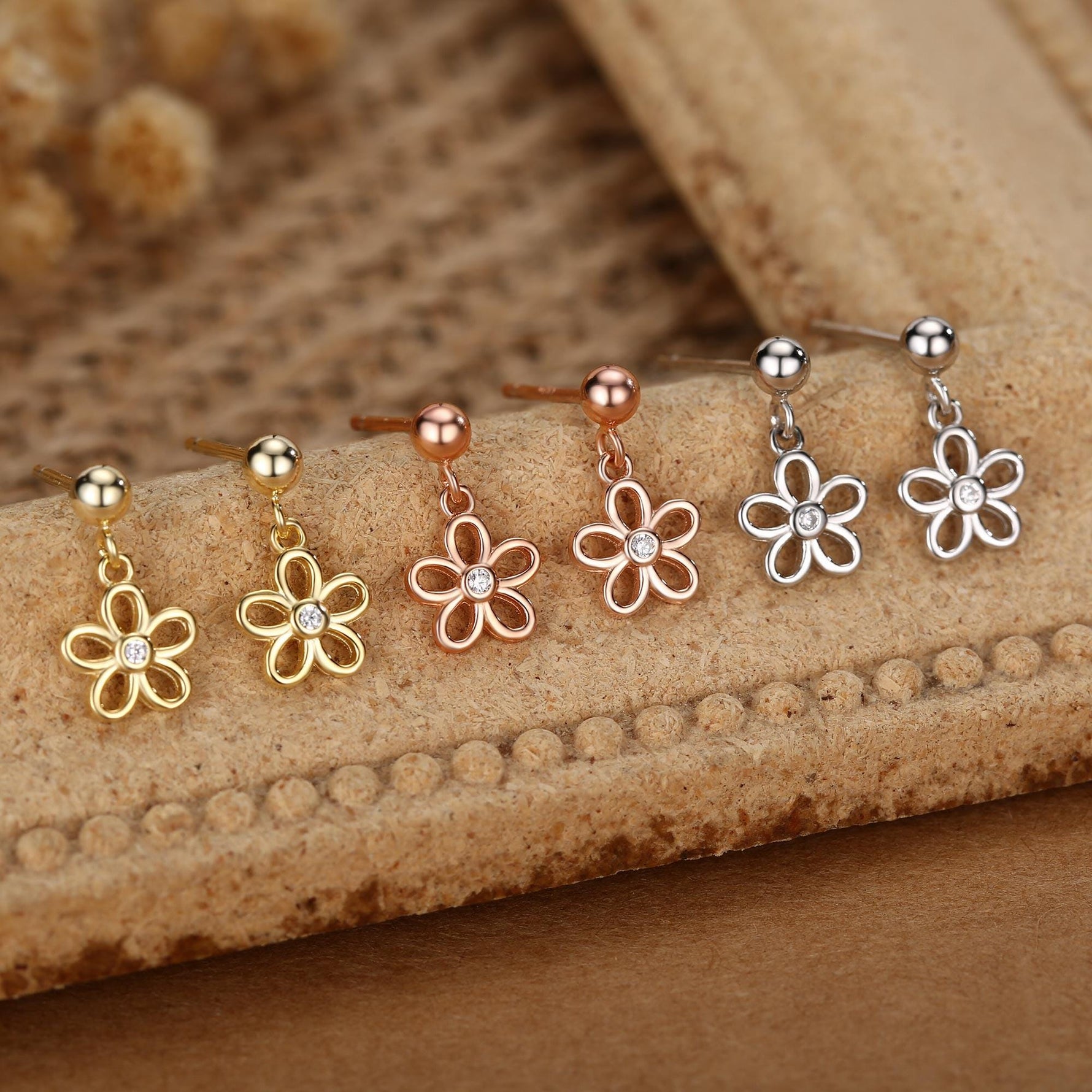 Forget me not Flower Drop Stud Earrings in Sterling Silver, Silver, Gold or Rose Gold, Dainty and Delicate Silver Flower Earrings,