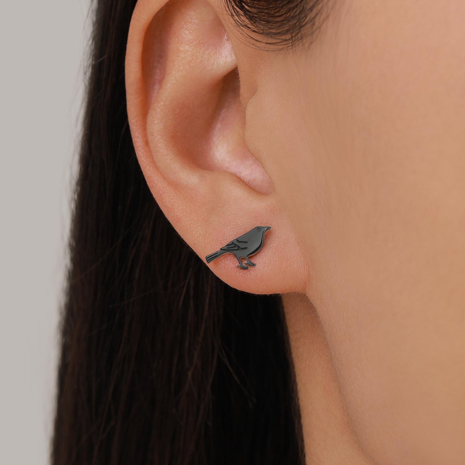 British Black Bird Stud Earrings in Sterling Silver - Black Rhodium Coated Sterling Silver, Animal Stud Earrings - Bird Earrings
