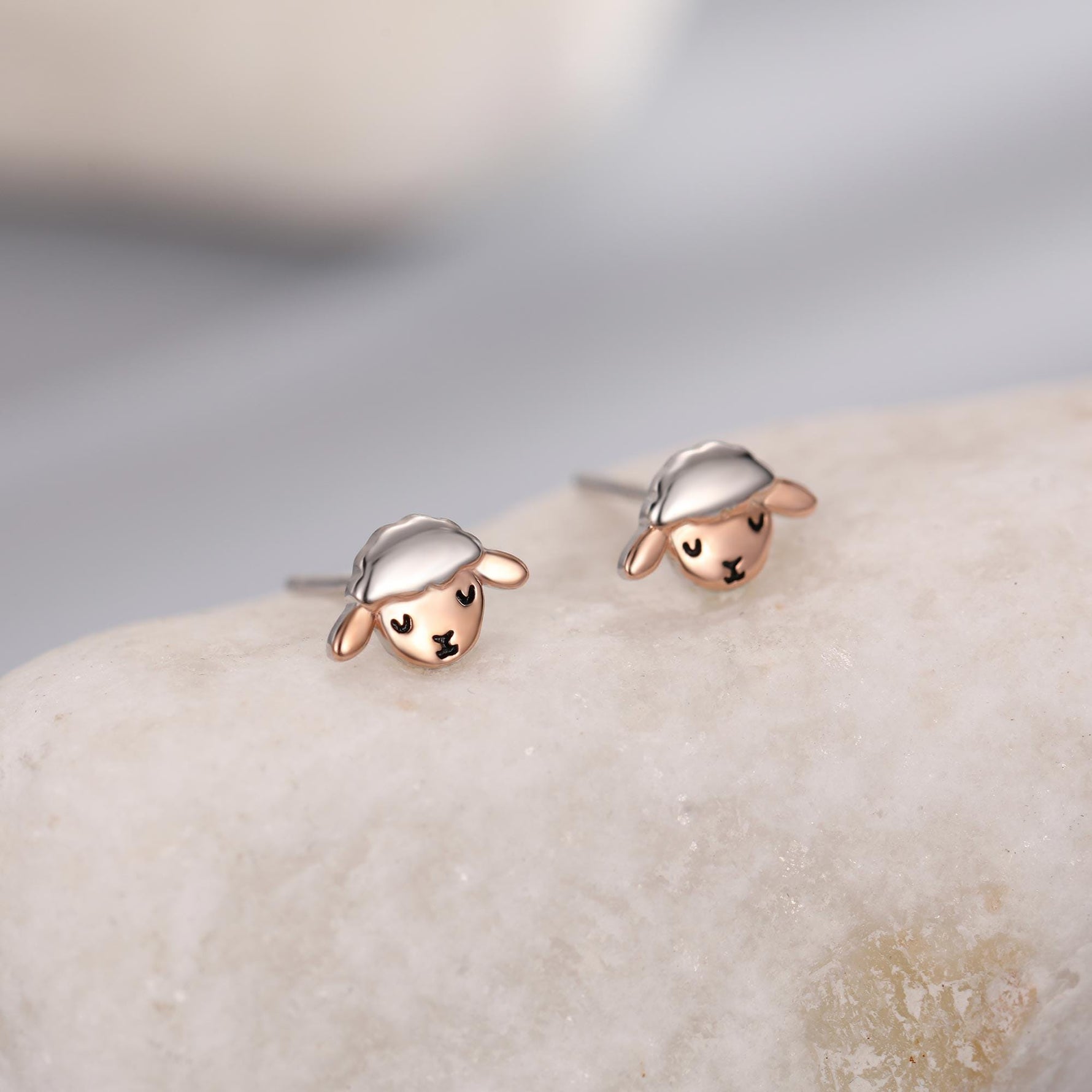 Two Tone Sheep Stud Earrings in Sterling Silver, Fluffy Sheep Face Earrings, Nature Inspired Sheep Head Earrings, Pet Lover