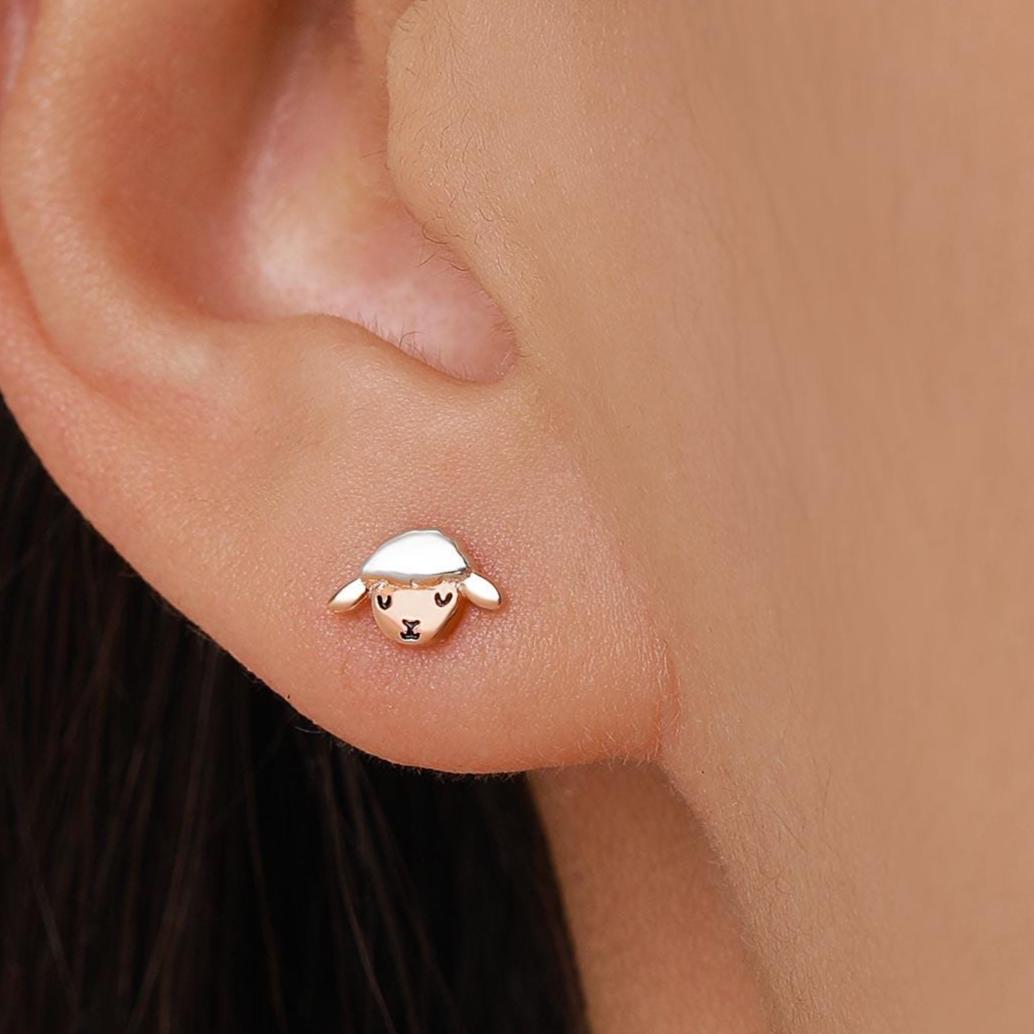 Two Tone Sheep Stud Earrings in Sterling Silver, Fluffy Sheep Face Earrings, Nature Inspired Sheep Head Earrings, Pet Lover