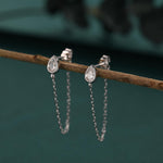Tiny Droplet CZ Dangle Chain Stud Earrings in Sterling Silver, Silver or Gold, Pear Shape Ear Jacket, Front and Back Earrings