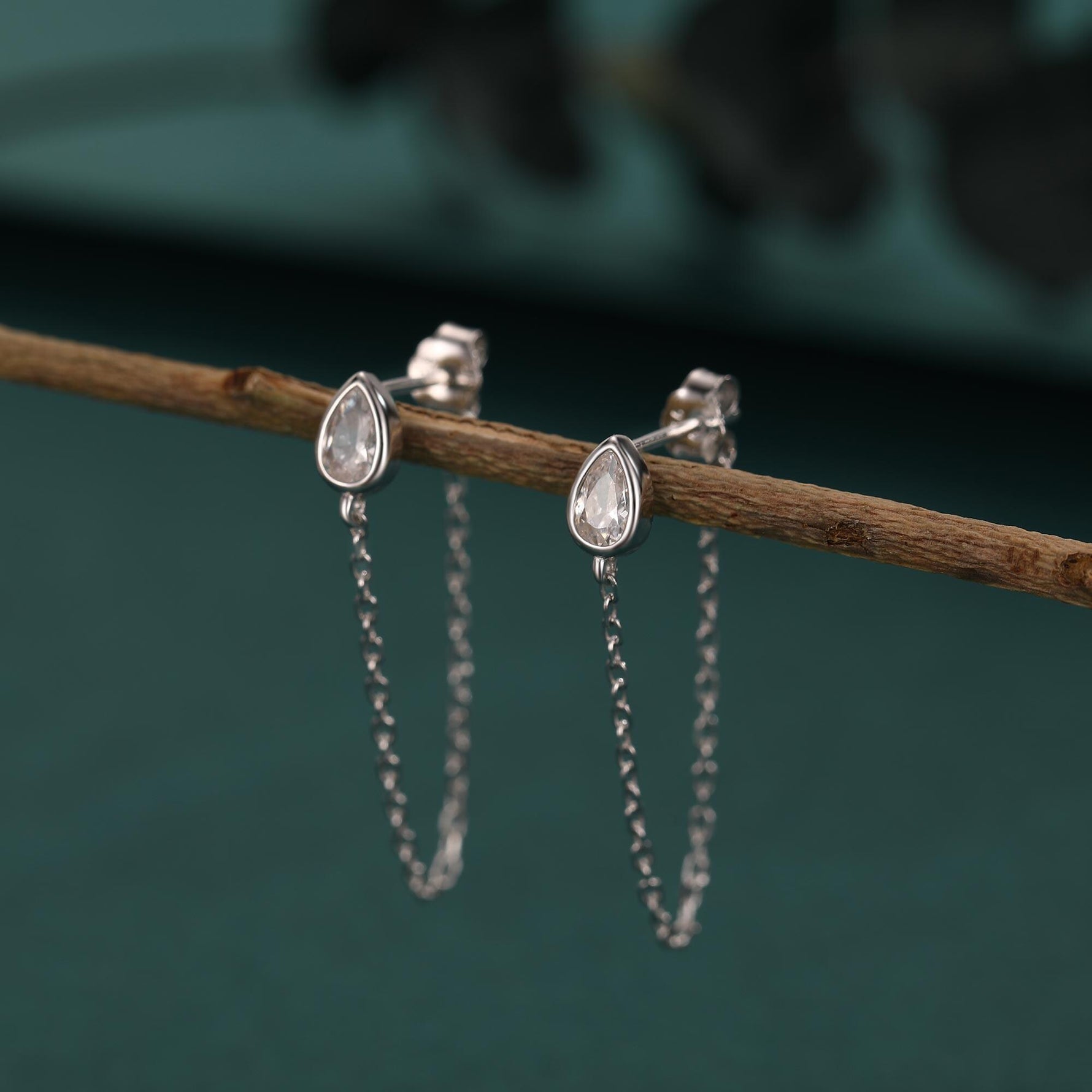 Tiny Droplet CZ Dangle Chain Stud Earrings in Sterling Silver, Silver or Gold, Pear Shape Ear Jacket, Front and Back Earrings