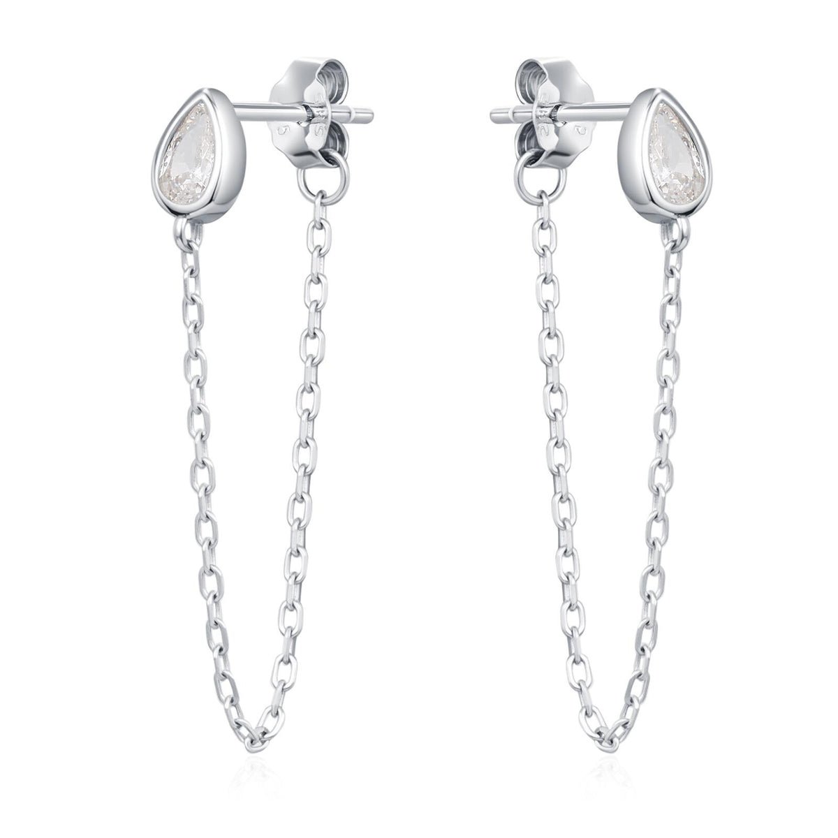 Tiny Droplet CZ Dangle Chain Stud Earrings in Sterling Silver, Silver or Gold, Pear Shape Ear Jacket, Front and Back Earrings