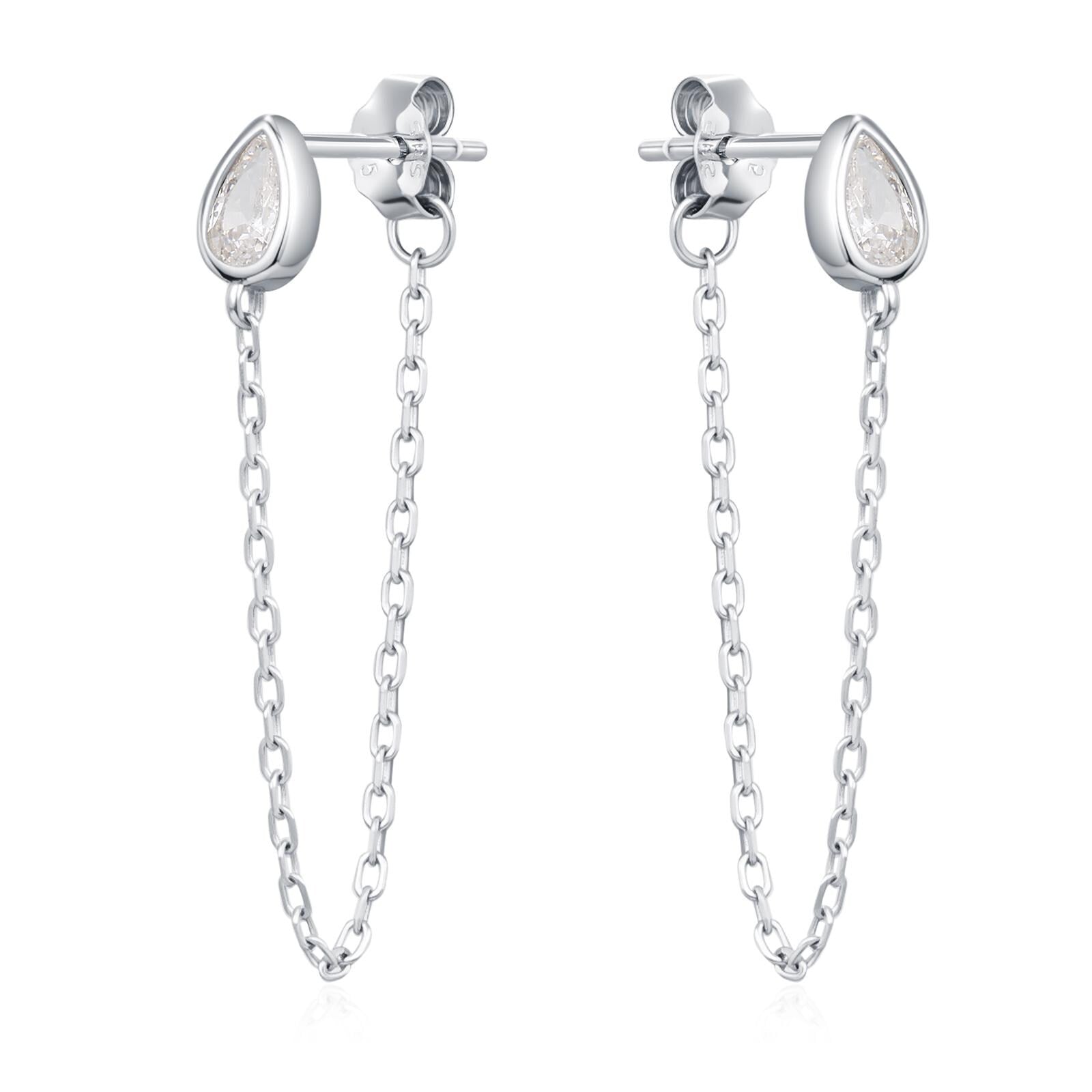 Tiny Droplet CZ Dangle Chain Stud Earrings in Sterling Silver, Silver or Gold, Pear Shape Ear Jacket, Front and Back Earrings