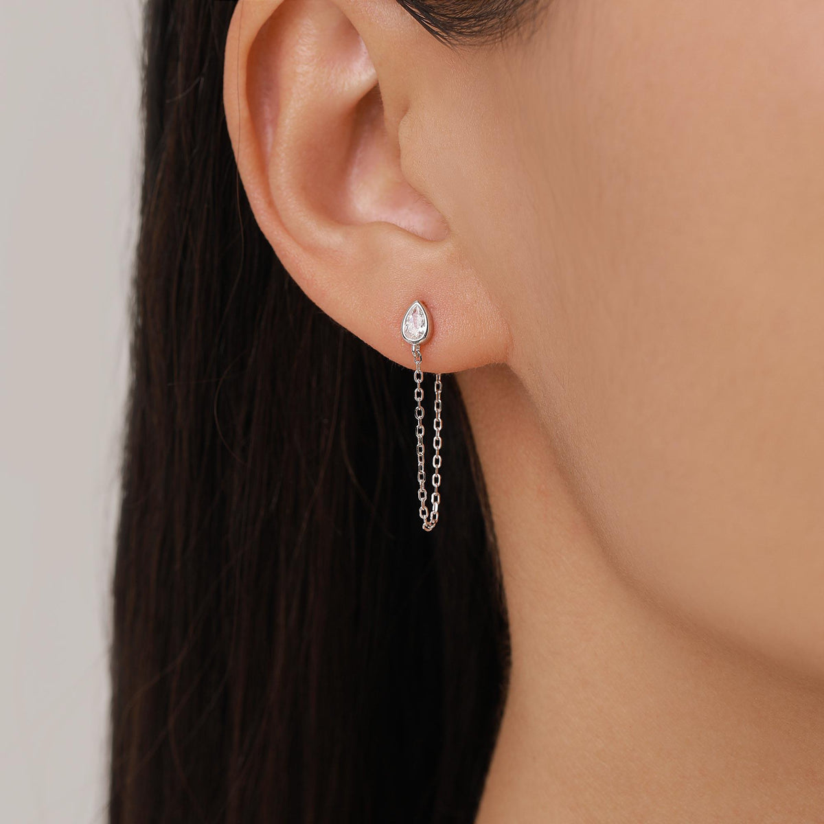 Tiny Droplet CZ Dangle Chain Stud Earrings in Sterling Silver, Silver or Gold, Pear Shape Ear Jacket, Front and Back Earrings