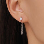 Tiny Droplet CZ Dangle Chain Stud Earrings in Sterling Silver, Silver or Gold, Pear Shape Ear Jacket, Front and Back Earrings